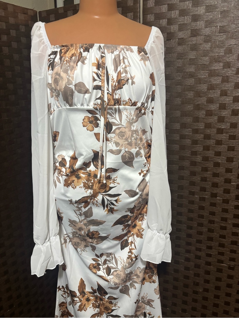 Women’s White Floral Satin Maxi dress with Brown Floral Print